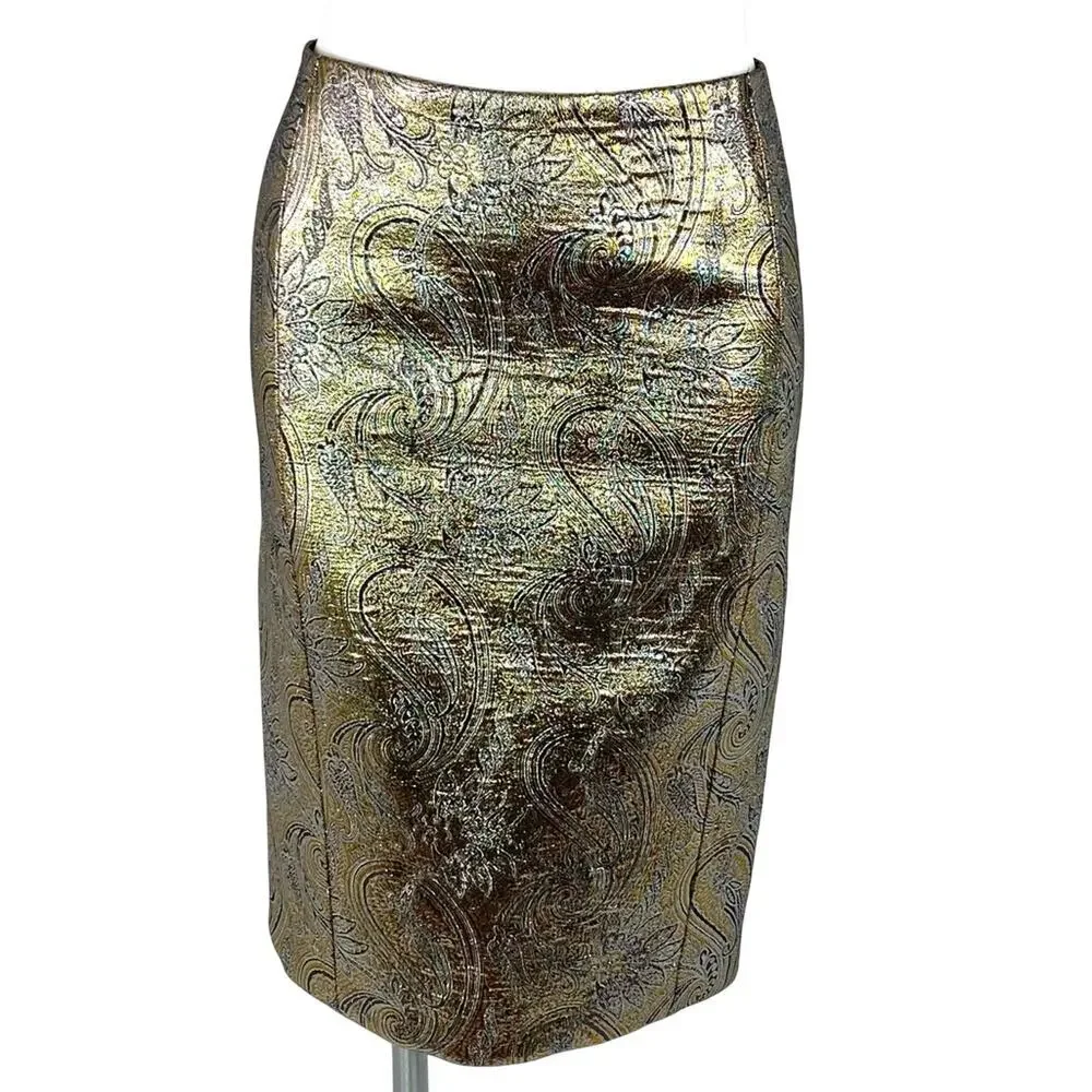 Jenni Kayne Metallic Brocade Knee Length Pencil Skirt XS Designer Silk Blend